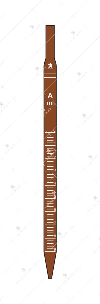 Pipettes, measuring, Graduated, Serological, Accuracy as per Class 'A' with works certificate. Colour Coded. (These pipettes are calibrated to deliver from any graduation line down to zero at the jet, with the last drop expelled by blowing). Amber