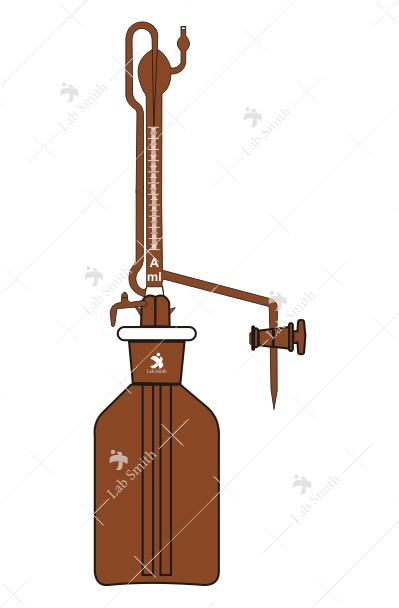 Burette, Automatic Zero Glass Key Stopcock, Mounted on Reservoir, with Rubber bellow. Accuracy as per Class ‘A’ with works certificate (Amber)