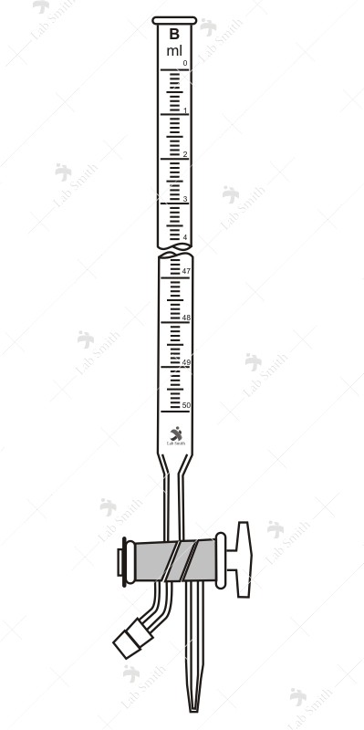 Burette, Double Oblique Bore Glass Key Stopcock, 3-way. Accuracy as per class ‘B’