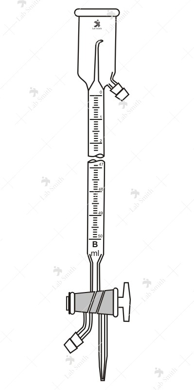 Burette, Over Flow Cup, Automatic Zero, Double Oblique Bore Glasskey Stopcock, 3-way. Accuracy as per class ‘B’