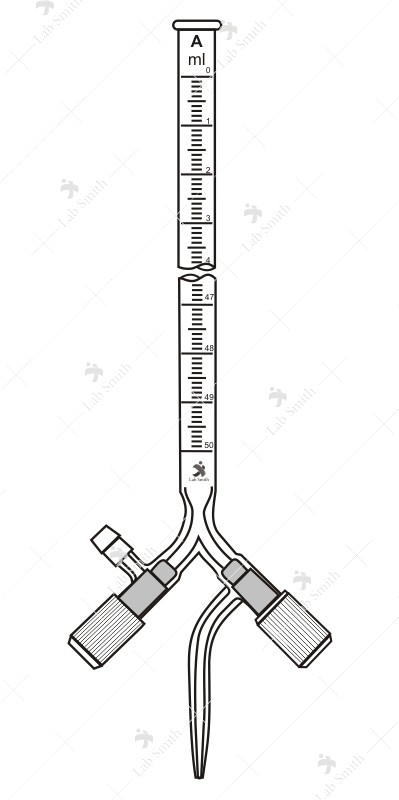 Burette, Three Way Bore Screw type PTFE Needle Valve Stopcock. Accuracy as per class ‘A’ with works certificate