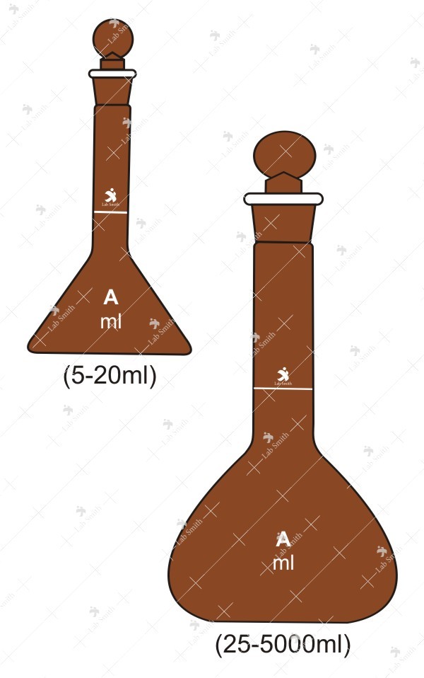 Flasks Volumetric (Measuring) with interchangeable Glass Stopper, Accuracy as per Class ‘A’ with works certificate.(Amber)