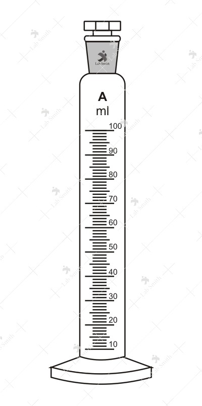 Measuring Cylinders, with interchangeable stopper, round base, Class ‘A’ with works certificate.