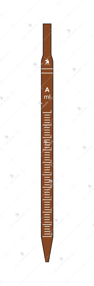 Pipette, Measuring, Graduated, Mohr type, Accuracy as per Class 'A' with works certificate. Colour coded. (These pipettes are graduated for the delivery from Zero mark at top to the last graduation mark) (Amber)