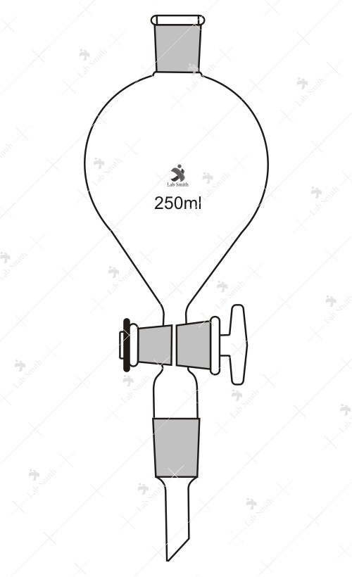 Separating Funnels, pear shape, with socket, Glass Key Stopcock and stem with cone but without stopper.