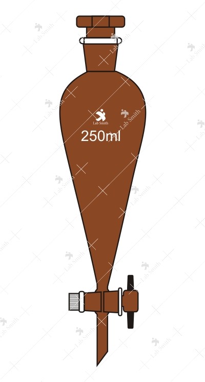 Separating Funnels, with PTFE key Stopcock, Interchangeable Stopper, Conical/Pear Shape, Plain Stem (Amber).