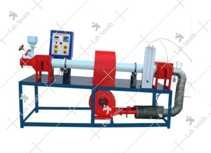  DESCRIPTION: Rotary dryer is a unit in which drying is done by forced draft action created by hot air. The set-up consists of a long revolving cylindrical shell slightly inclined towards the outlet. The shell is fitted with two brackets for support. Air 